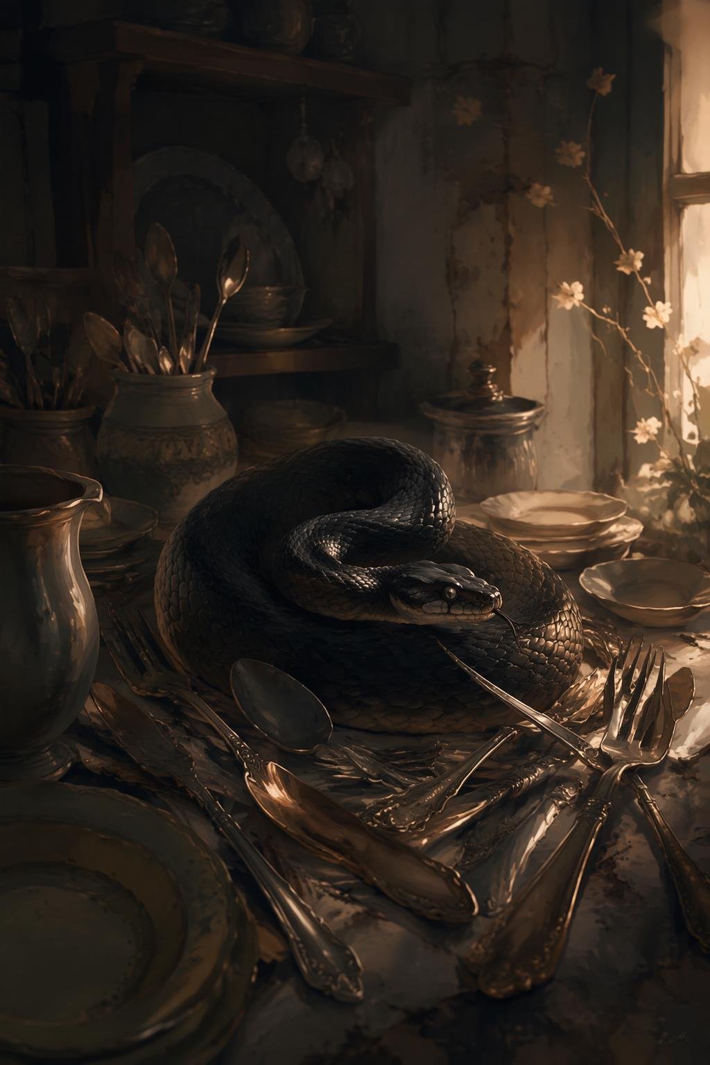a hidden serpent reveals itself in familiar spaces, awakening fear and calm within the everyday