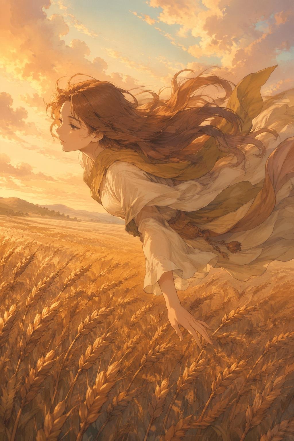 a serene flight above endless wheat, a gentle embrace of freedom through the warmth of late summer light