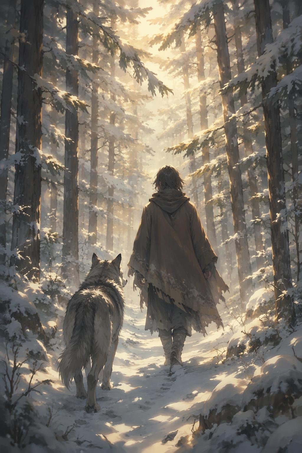 a serene walk through a winter forest, side by side with a guardian spirit slowly revealing hidden truths