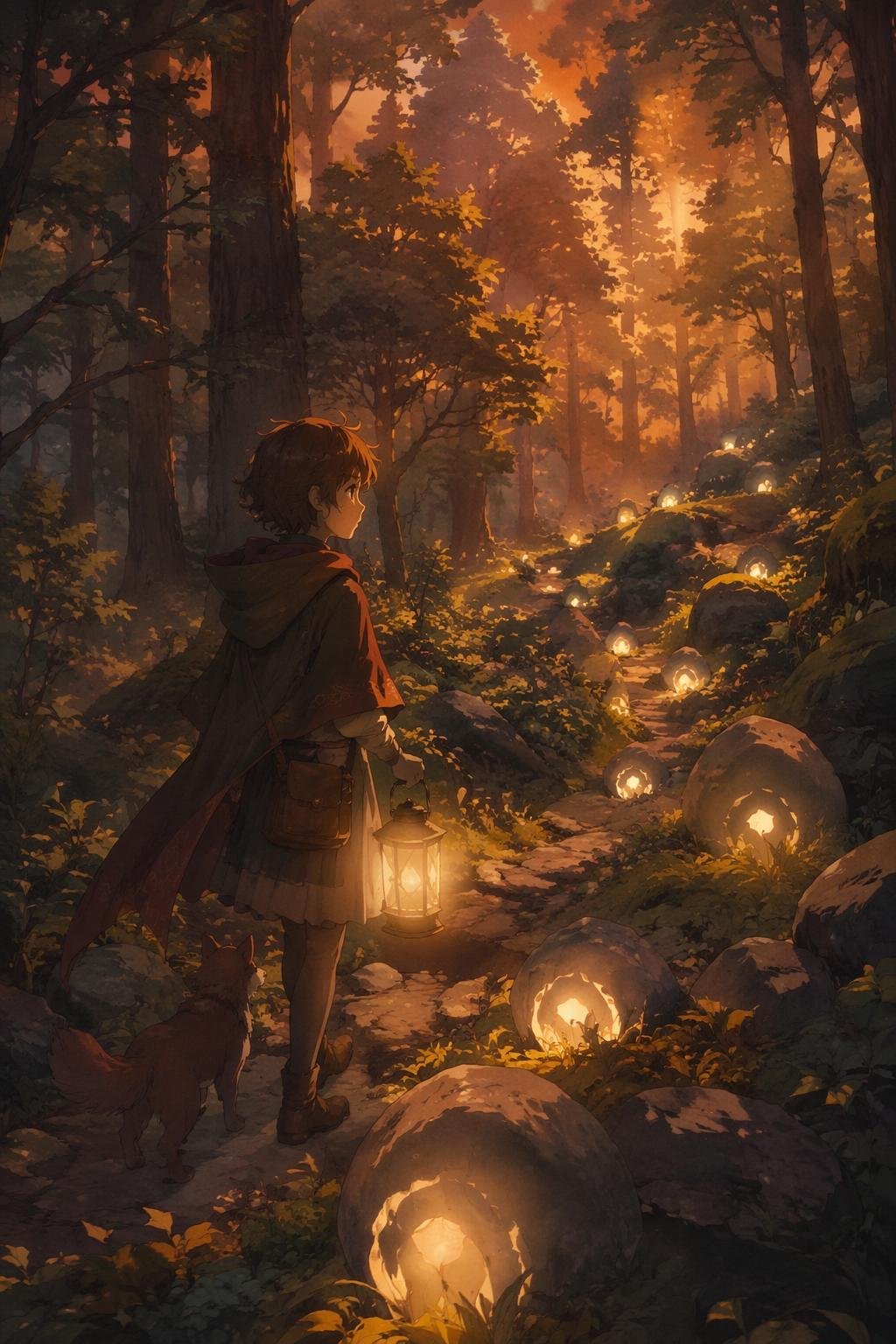 a journey through a dark forest guided by stones that call your name, leading you toward a forgotten home