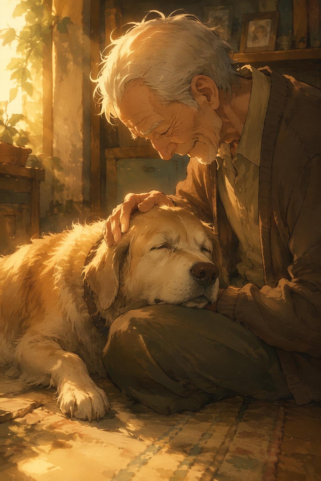 a gentle reunion with a beloved companion lost in time, where warmth and memories intertwine in bittersweet solace
