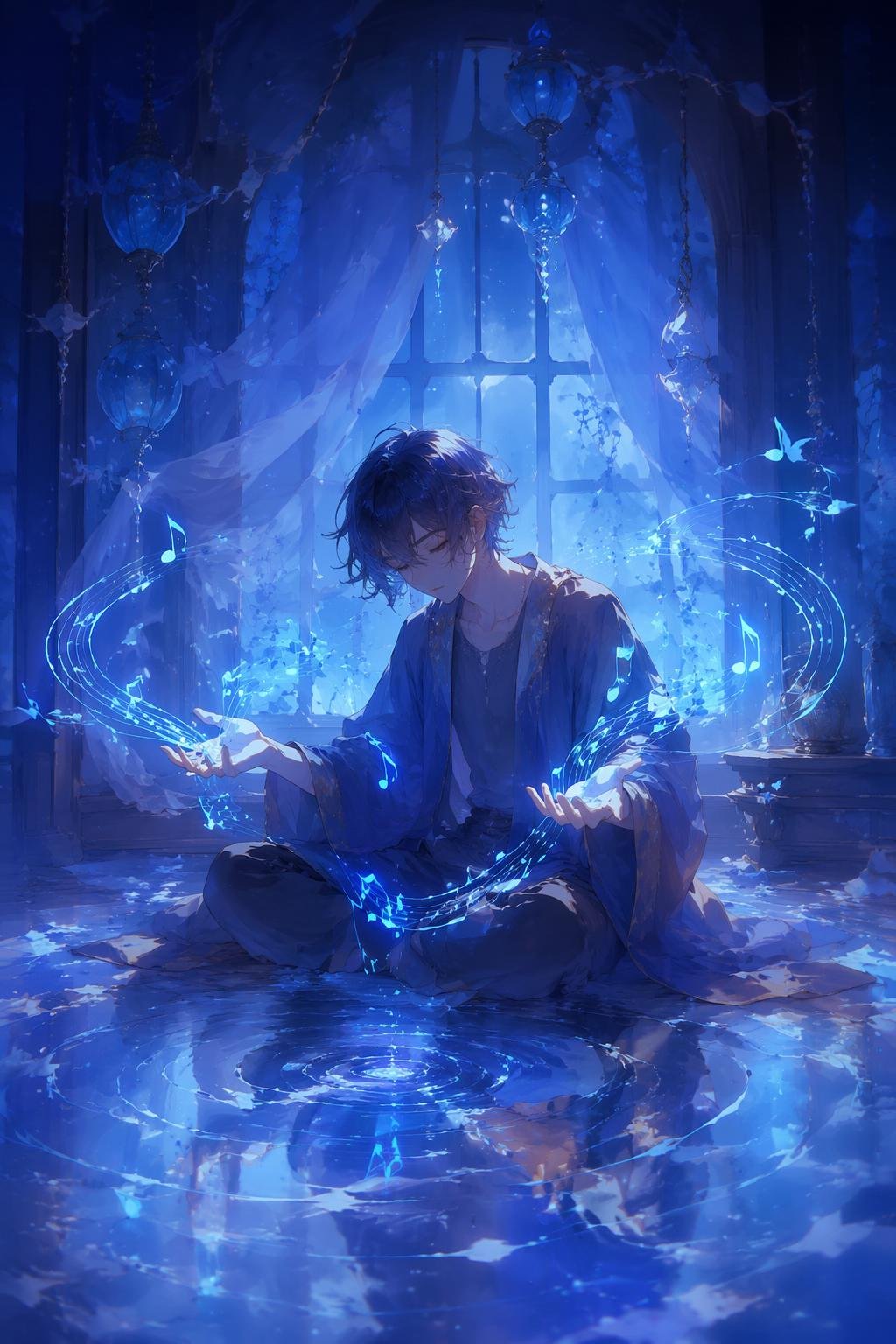 music flows like water from open hands, revealing an inner world of color and emotion